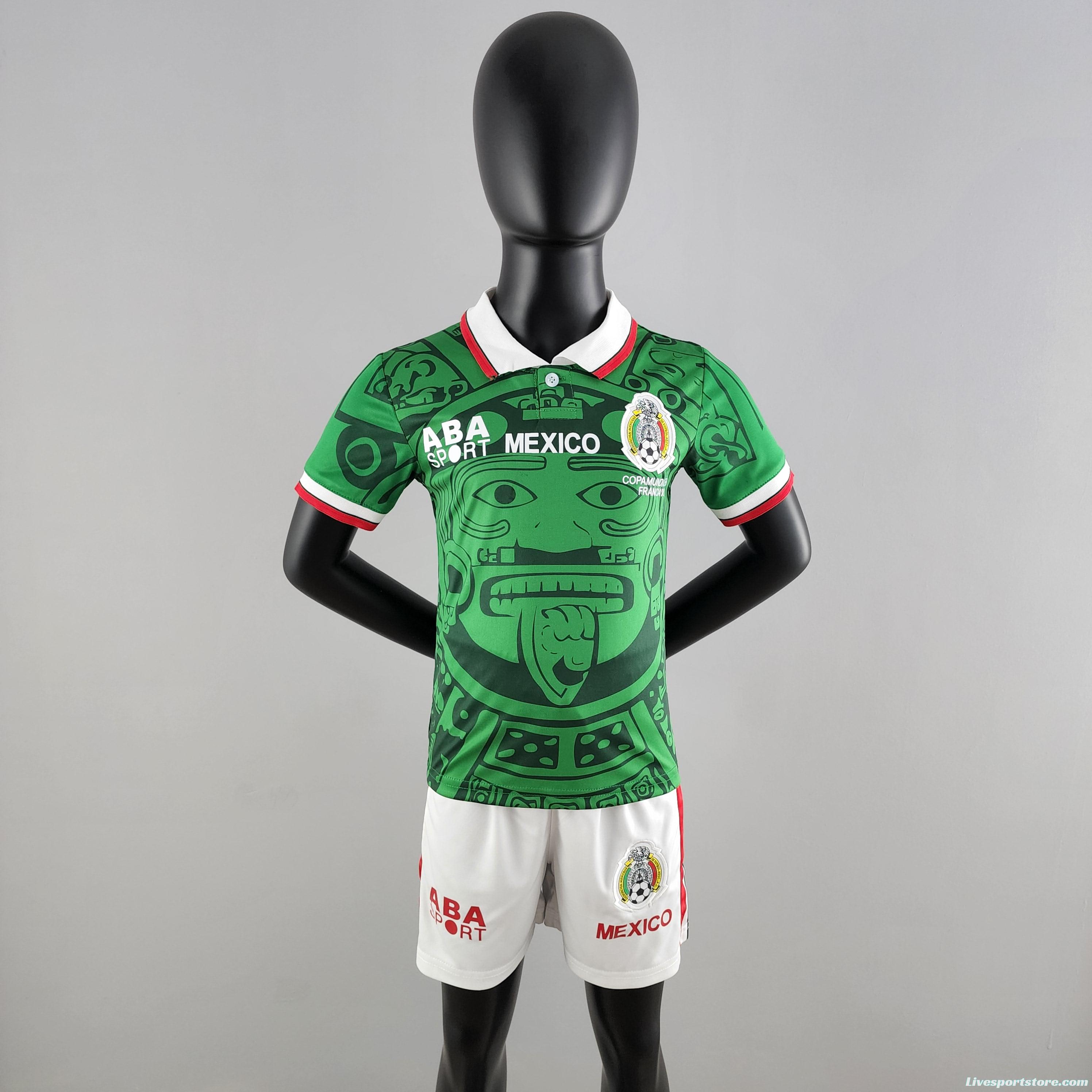 Retro Kids Kit 1998 Mexico Home Size：16-28 Soccer Jersey