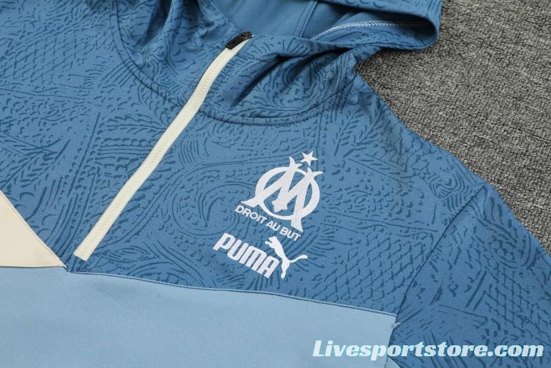 23/24 Olympique Marseille Blue Half Zipper Hoodie Jacket +Pants