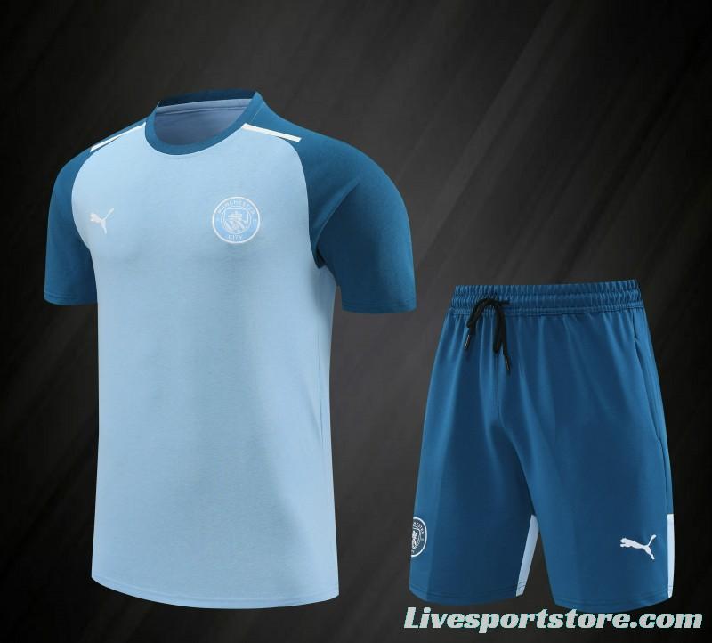 23/24 Manchester City Blue Cotton Short Sleeve Jersey+Shorts