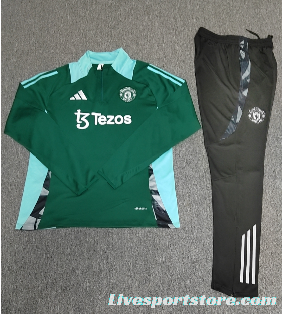 24/25 Kids Manchester United Green Half Zipper Jacket+Long Pants