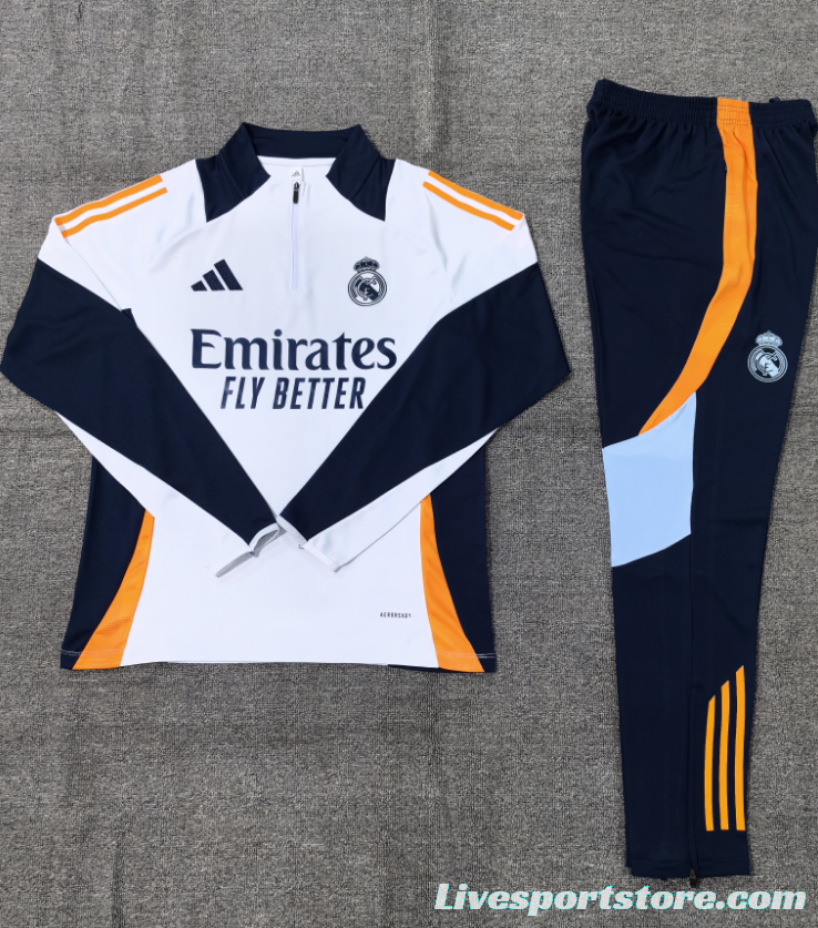 24/25 Kids Real Madrid White Half Zipper Jacket+Long Pants