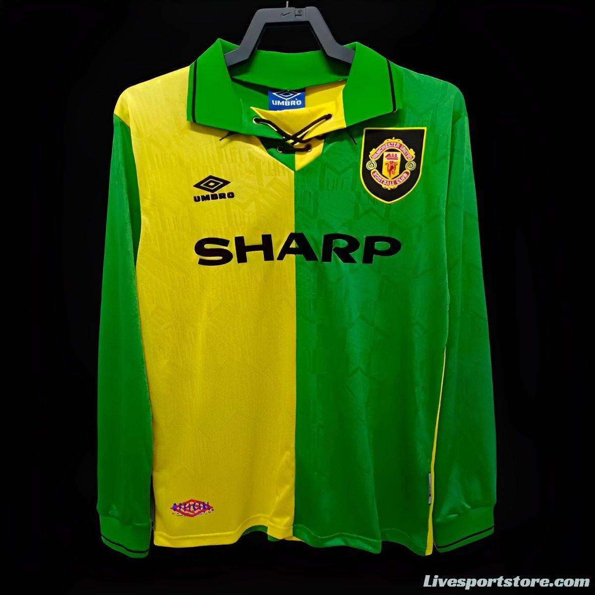 Retro 92/94 Manchester United Third Green/Yellow Long Sleeve Jersey